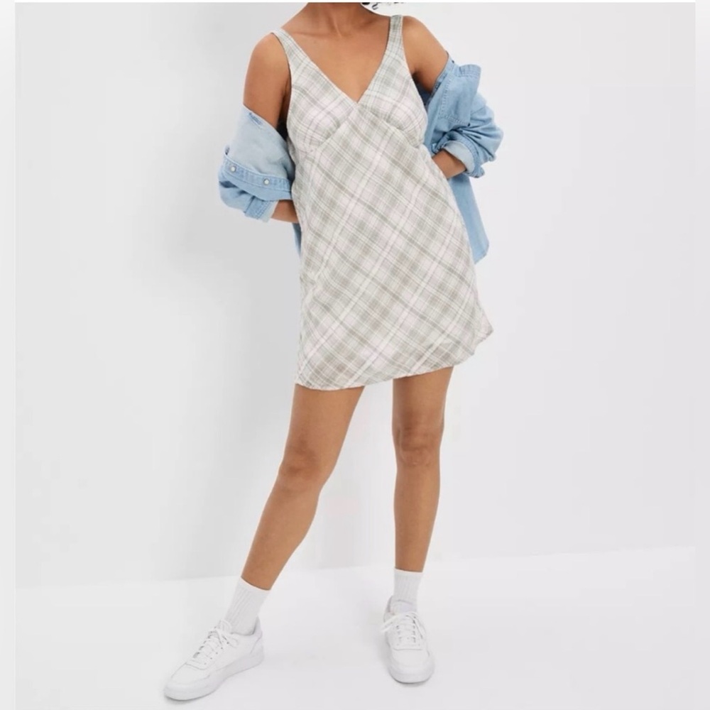 American Eagle Outfitters Plaid Mini Dress in Pastel Green & White
